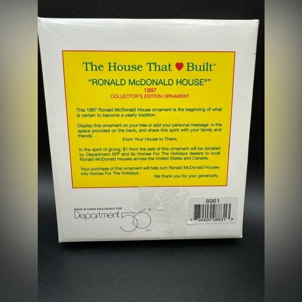1997 Dept 56 The House That Love Built Ronald McDonald House Ornamentt